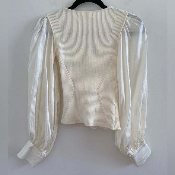 Anthropologie Ivory Twofer Faux Wrap Sweater With Satin Balloon Sleeves Size XXS - Picture 9 of 10